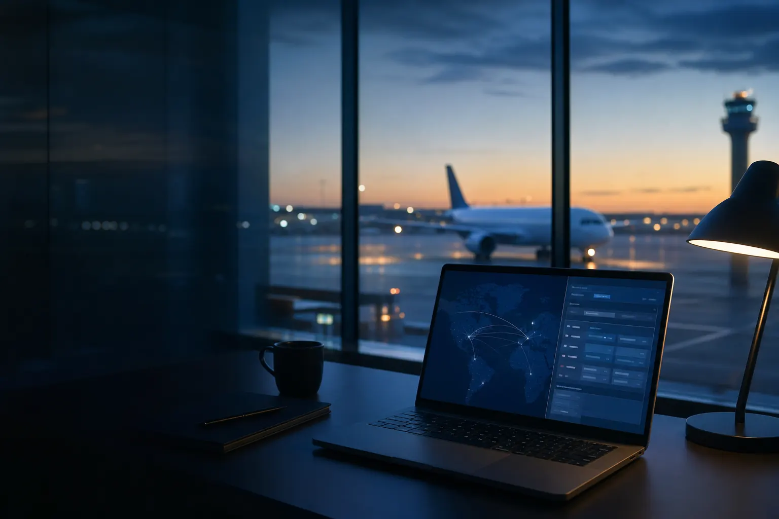 Poste de travail de technologie de voyage face à une piste d&rsquo;aéroport