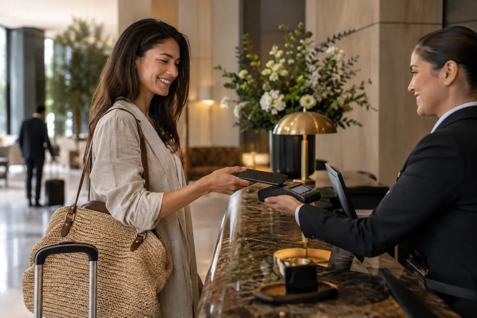 Paiement sans contact &agrave; la r&eacute;ception d&rsquo;un h&ocirc;tel