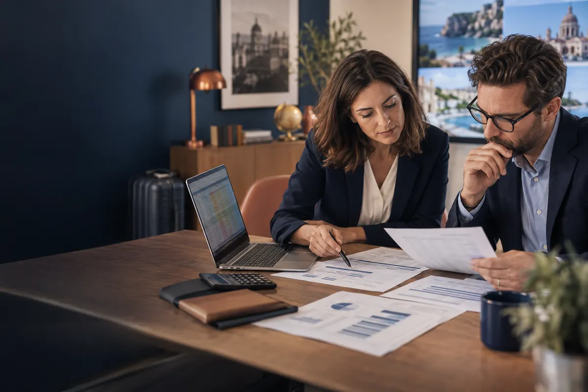 Professionnels comparant les coûts et conditions de deux solutions de voyage
