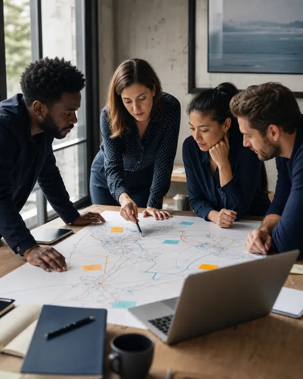 Équipe de professionnels analysant un parcours client et des connexions de voyage