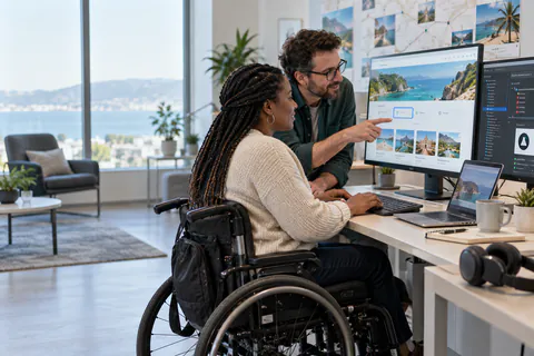 Professionnels testant l’accessibilité d’un parcours de réservation touristique
