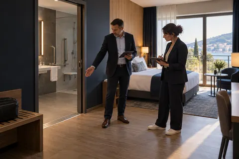 Professionnels vérifiant les caractéristiques d’accès d’une chambre d’hôtel