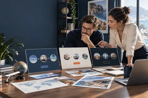 Équipe produit comparant trois modes d’intégration pour vendre des voyages