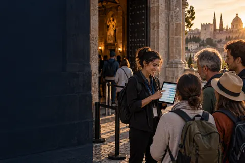 Guide accueillant un petit groupe à l’entrée d’un site de visite