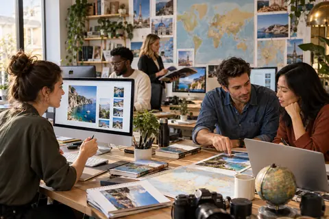 Équipe éditoriale préparant un catalogue de voyages multilingue