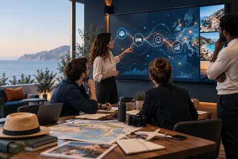 Équipe tourisme analysant des flux de données et des usages d’intelligence artificielle