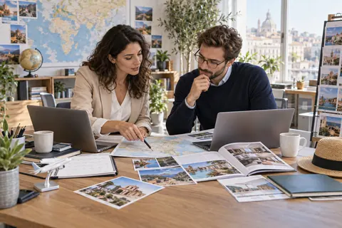 Conseillers préparant un devis de voyage sur mesure à partir de plusieurs prestations