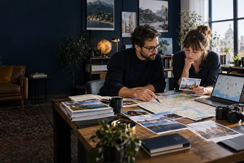 Équipe éditoriale vérifiant cartes et photographies de plusieurs lieux touristiques