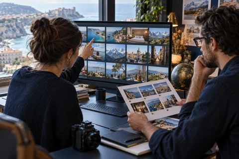 Équipe éditoriale examinant des photos de destinations et leurs conditions d’usage