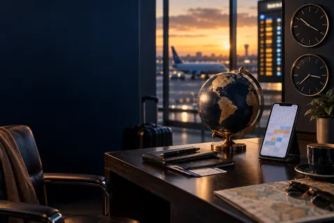 Bureau de voyage avec globe, horloges et calendrier près d’un aéroport