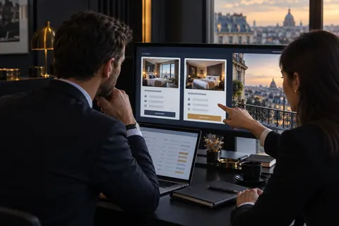 Professionnels comparant deux fiches de chambres pour un même hôtel