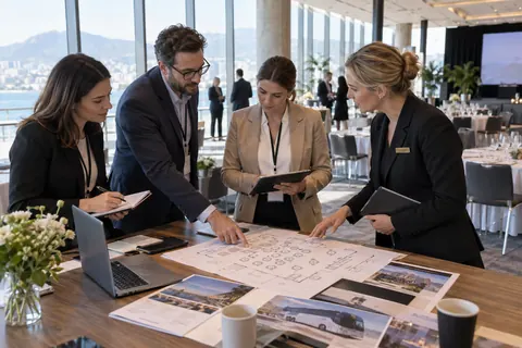 Organisateurs coordonnant un déplacement professionnel et un événement