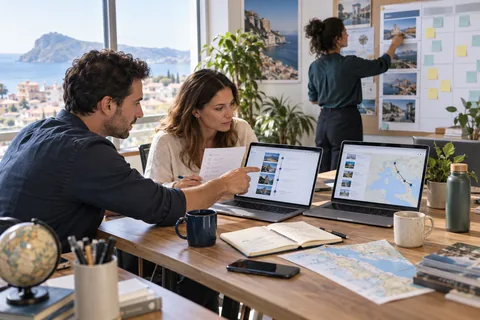 Équipe voyage comparant deux parcours de réservation avant une migration de plateforme