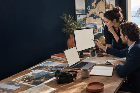 Équipe analysant des sources de veille professionnelle du tourisme