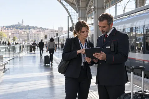 Professionnels préparant un itinéraire ferroviaire et une correspondance en gare