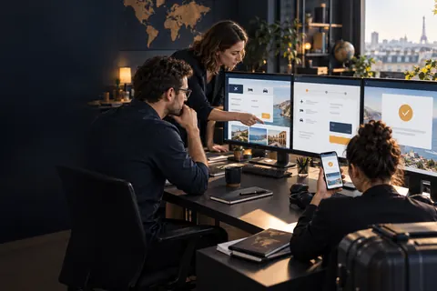 Équipe produit testant recherche, paiement et confirmation d’un voyage