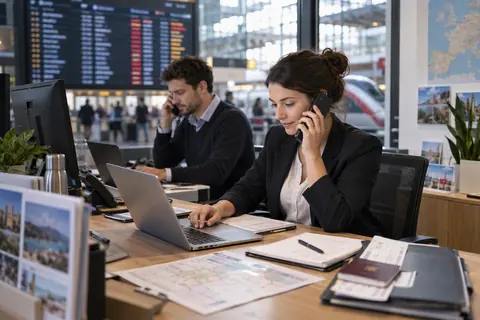Conseillers voyage coordonnant une modification de trajet pour des voyageurs