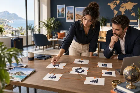 Professionnels organisant les briques technologiques d’une agence de voyages