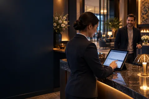 Réceptionniste expliquant sur tablette le détail du prix d’un séjour