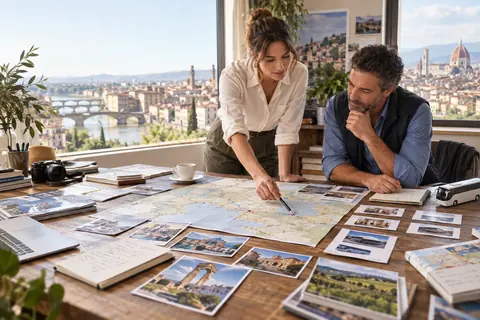 Professionnels préparant un itinéraire et les prestations d’un voyage de groupe