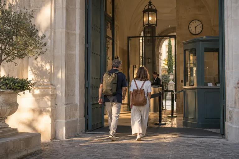 Visuel généré par IA · Scène illustrative Visiteurs à l’entrée d’un musée fictif avec un point de contrôle et une horloge ; illustration générée par IA