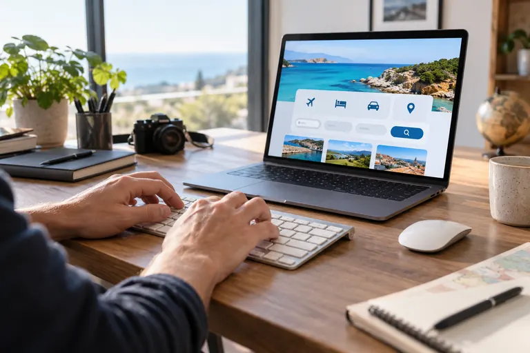 Visuel généré par IA · Scène illustrative Utilisation d’une interface de voyage avec un clavier, visuel généré par IA