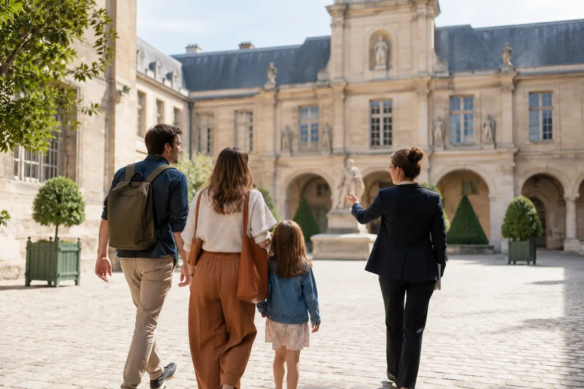 Petit groupe familial arrivant à une visite avec un accompagnant, visuel généré par IA