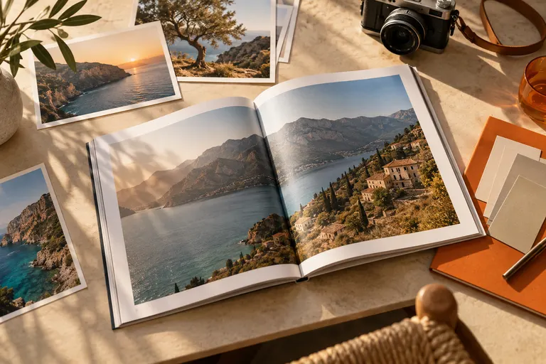 Brochure et photographies de voyage sur un bureau, visuel généré par IA