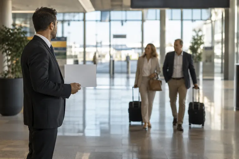 Visuel généré par IA · Scène illustrative Point de rencontre fictif pour un transfert aéroport, visuel généré par IA