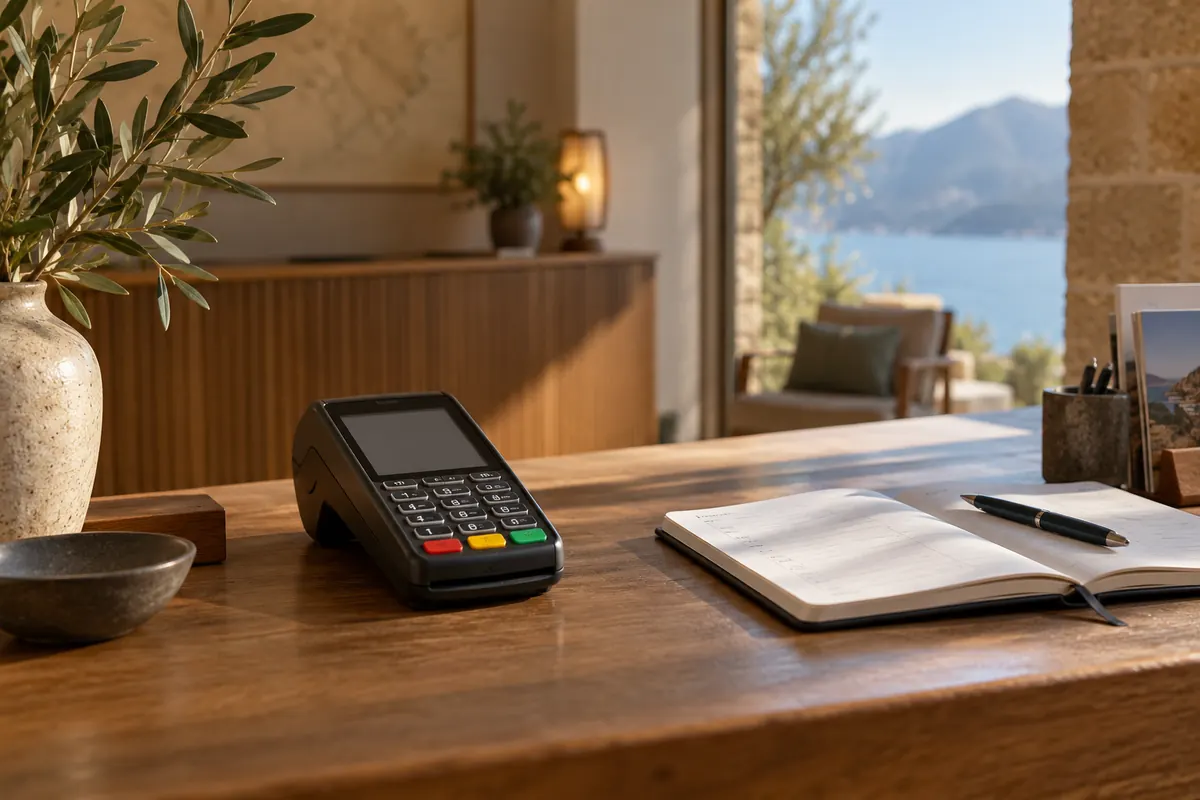 Terminal de paiement et agenda sans données personnelles, visuel généré par IA