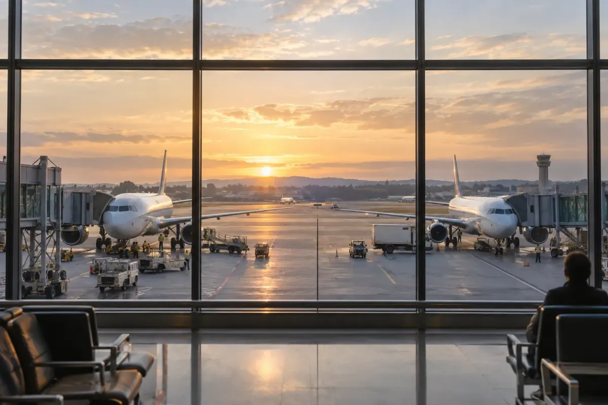 Avions stationnés aux portes d’un terminal, visuel généré par IA