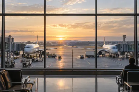 Avions stationnés aux portes d’un terminal, visuel généré par IA