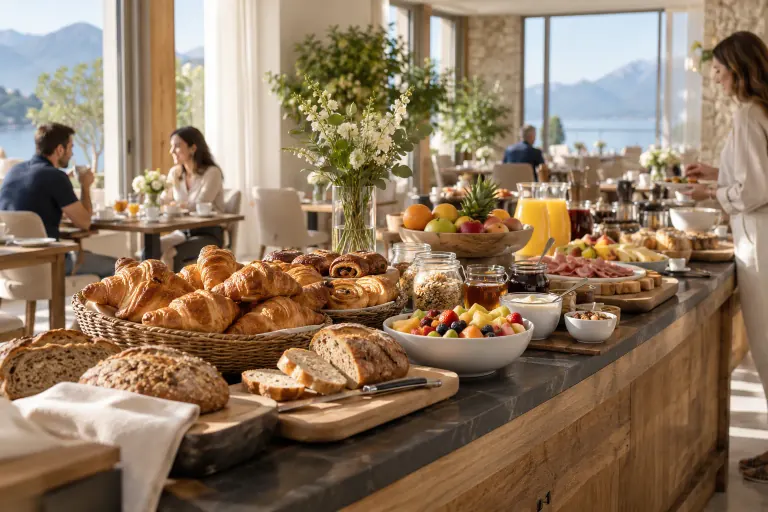 Buffet de petit-déjeuner avec pains, viennoiseries et fruits, visuel généré par IA