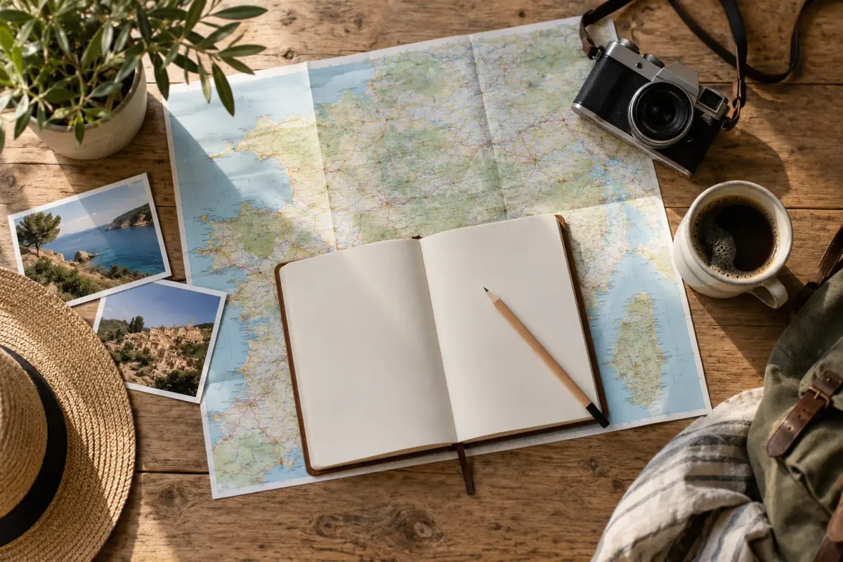 Carte, carnet et appareil photo sur une table, visuel généré par IA