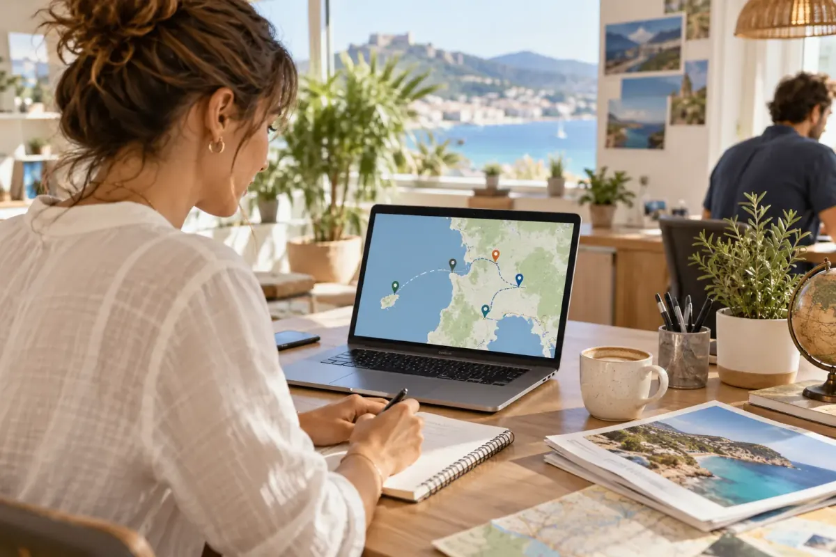 Ordinateur portable affichant une carte et un itinéraire, visuel généré par IA