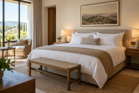 Chambre d’hôtel avec un grand lit et une fenêtre, visuel généré par IA