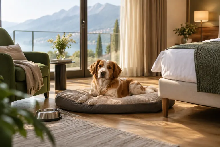 Chien allongé sur un coussin près d’une fenêtre, visuel généré par IA