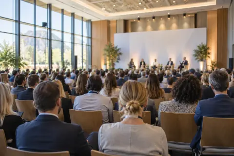 Participants dans une salle de conférence, visuel généré par IA