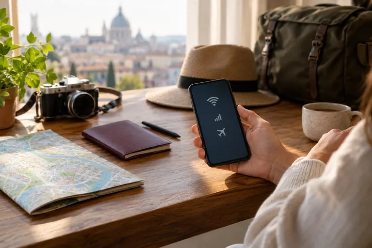 Visuel généré par IA · Scène illustrative Téléphone et préparation d’un déplacement fictif, visuel généré par IA
