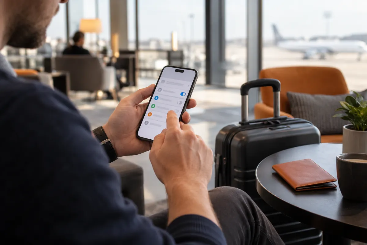 Voyageur préparant sa connexion mobile sur un téléphone dans un salon d’aéroport, visuel généré par IA