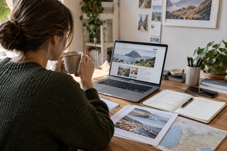 Visuel généré par IA · Scène illustrative Relecture d’un contenu touristique fictif, visuel généré par IA