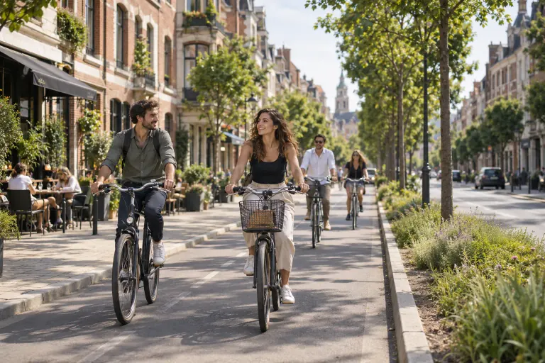 Cyclistes dans une rue avec une piste cyclable, visuel généré par IA