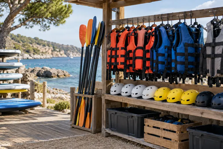 Visuel généré par IA · Scène illustrative Gilets et matériel d’excursion rangés dans une base nautique fictive, visuel généré par IA