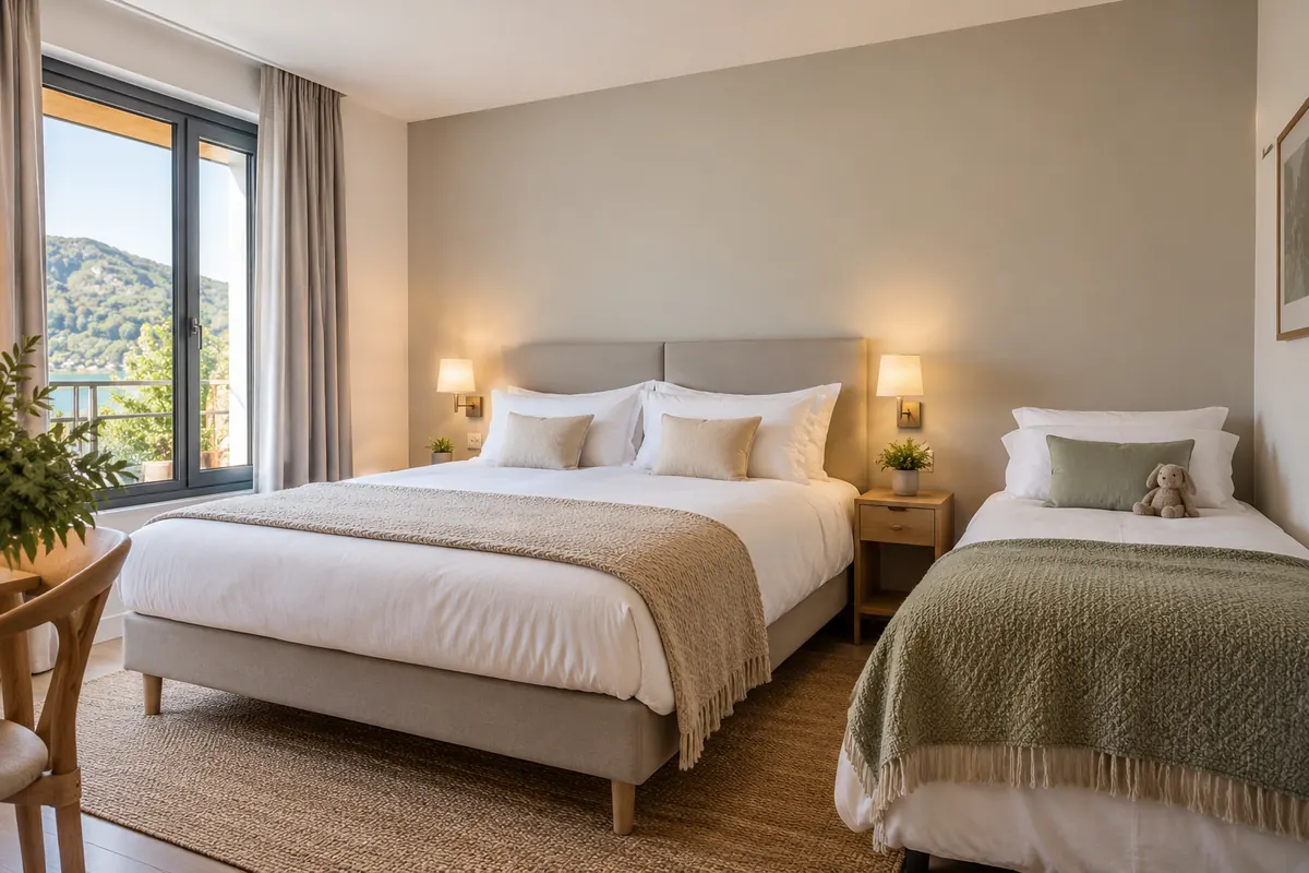 Chambre fictive avec un lit double et un lit supplémentaire, visuel généré par IA