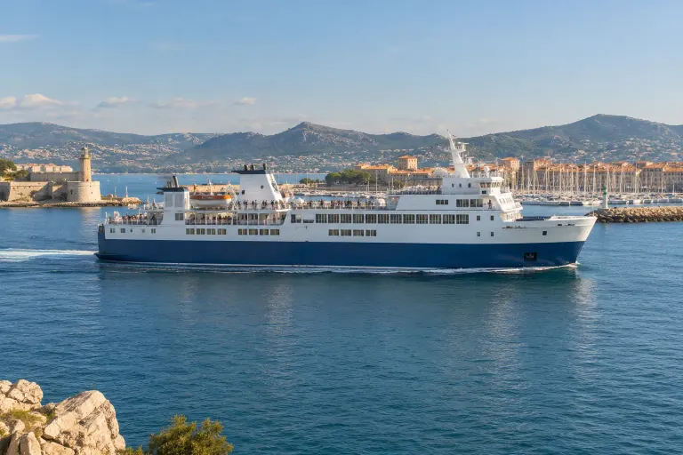 Visuel généré par IA · Scène illustrative Ferry au départ d’un port, visuel généré par IA