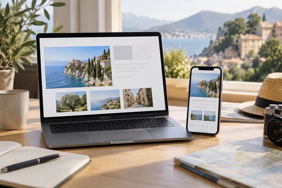 Ordinateur et téléphone présentant un catalogue fictif, visuel généré par IA