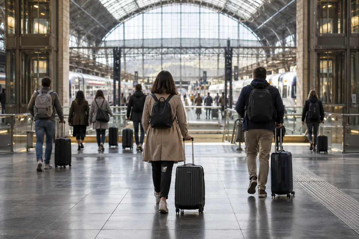 Transition piétonne entre transport urbain et gare fictive, visuel généré par IA