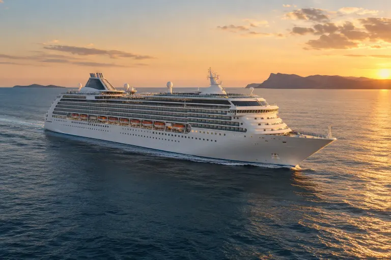 Visuel généré par IA · Scène illustrative Navire de croisière en mer au coucher du soleil, visuel généré par IA
