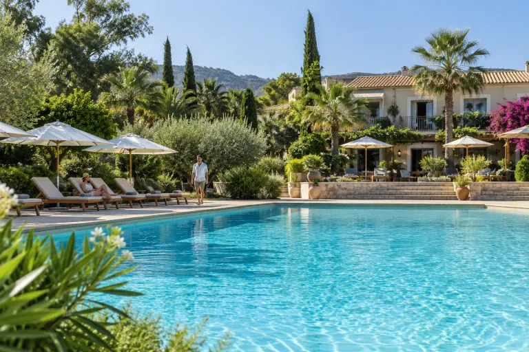 Piscine et jardin d’un hôtel, visuel généré par IA