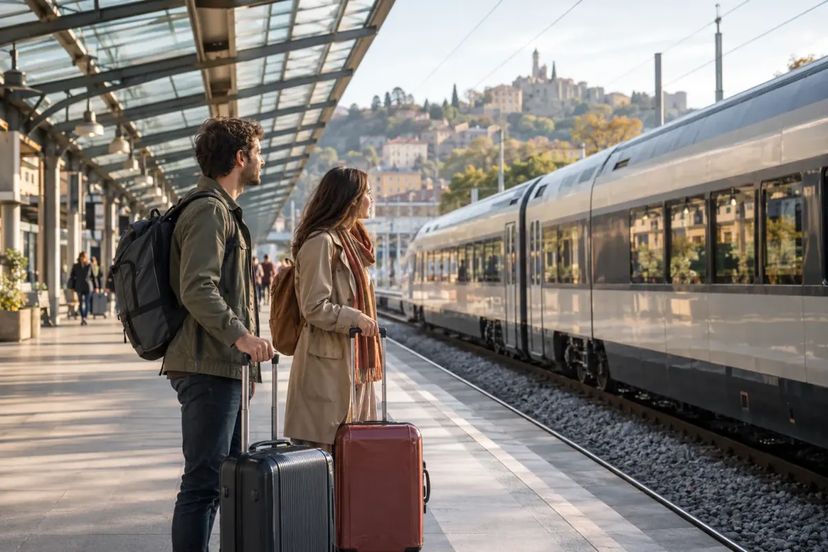 Train et voyageurs sur un quai de gare, visuel généré par IA